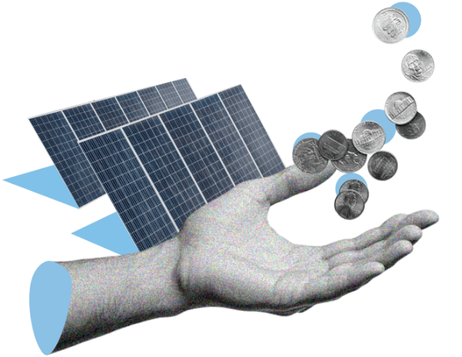 Main récupérant des pièces de monnaie avec des panneaux solaires en fond