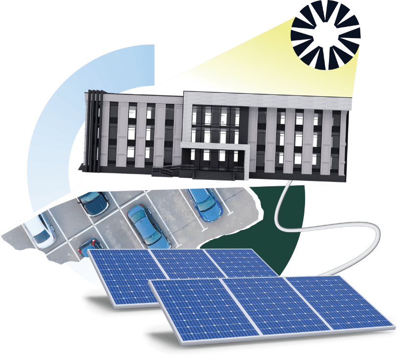 Collage d'images de bâtiment, panneaux solaires et parking