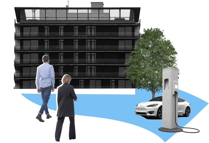 Collage représentant un immeuble de bureaux, des personnes et une voiture électrique en recharge sur une borne