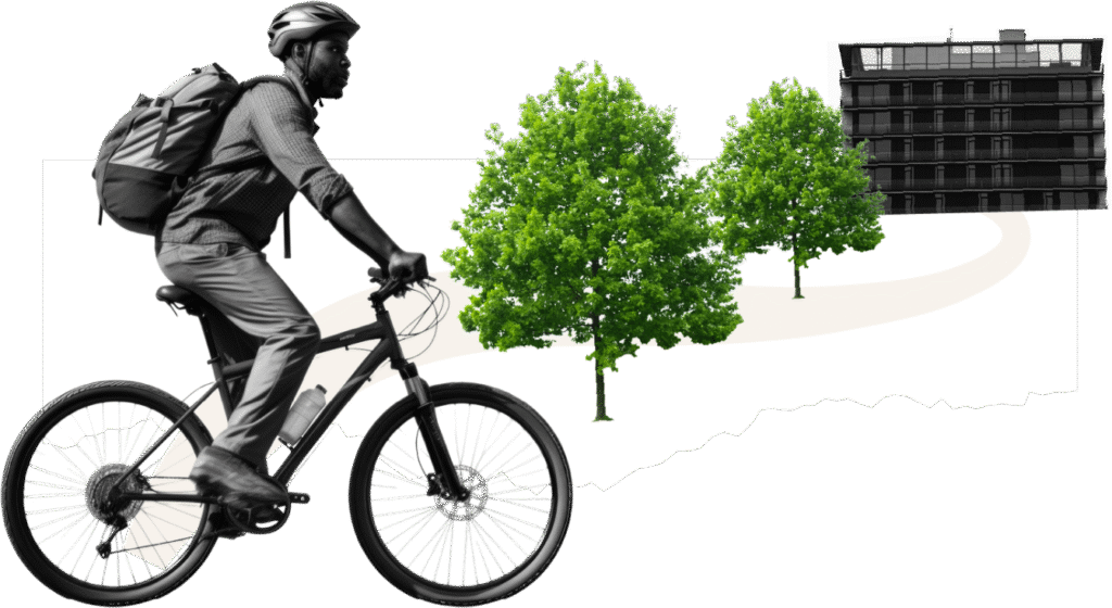 Cycliste avec arbres et bureaux